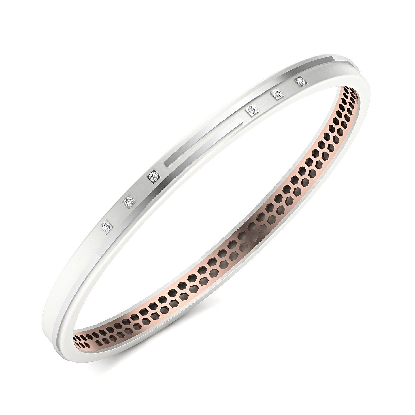 Minimalist Dual-Tone Diamond Accent Bangle with Modern Honeycomb Interior