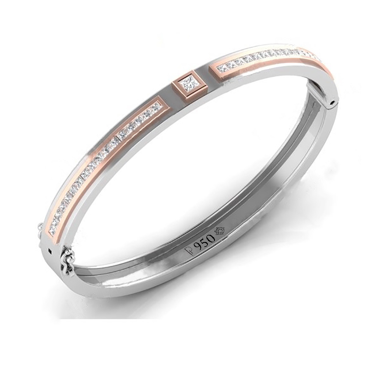 Dual-Tone Princess Cut Diamond Bangle – Sleek Platinum with Rose Gold Accents