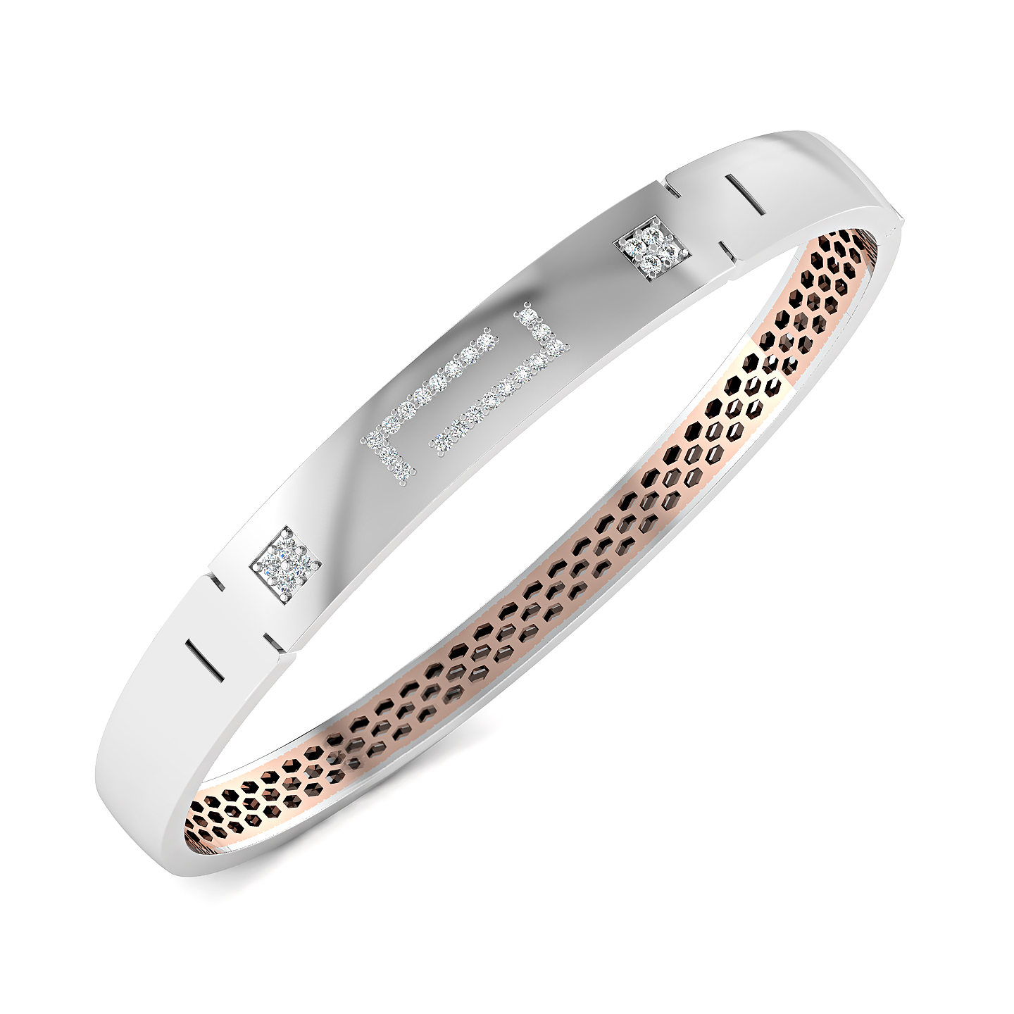 Platinum Geometric Diamond Bangle with Rose-Gold Inner Lining