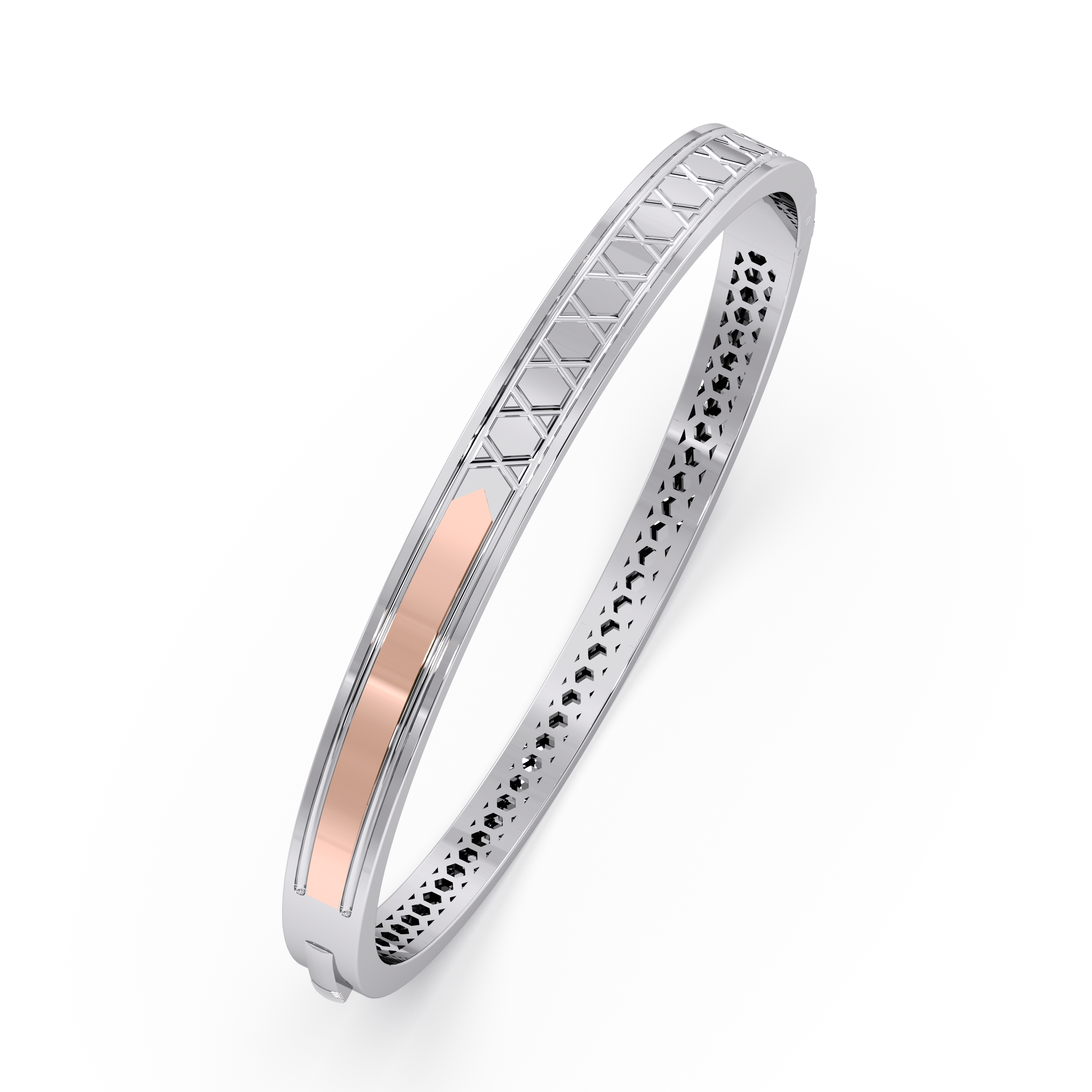 Geometric Engraved Platinum Bangle with Sleek Rose-Gold Accent