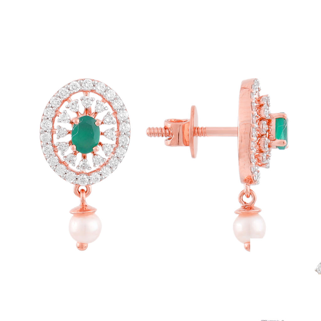 Emerald Halo Diamond Stud Earrings with Pearl Drop in Rose Gold