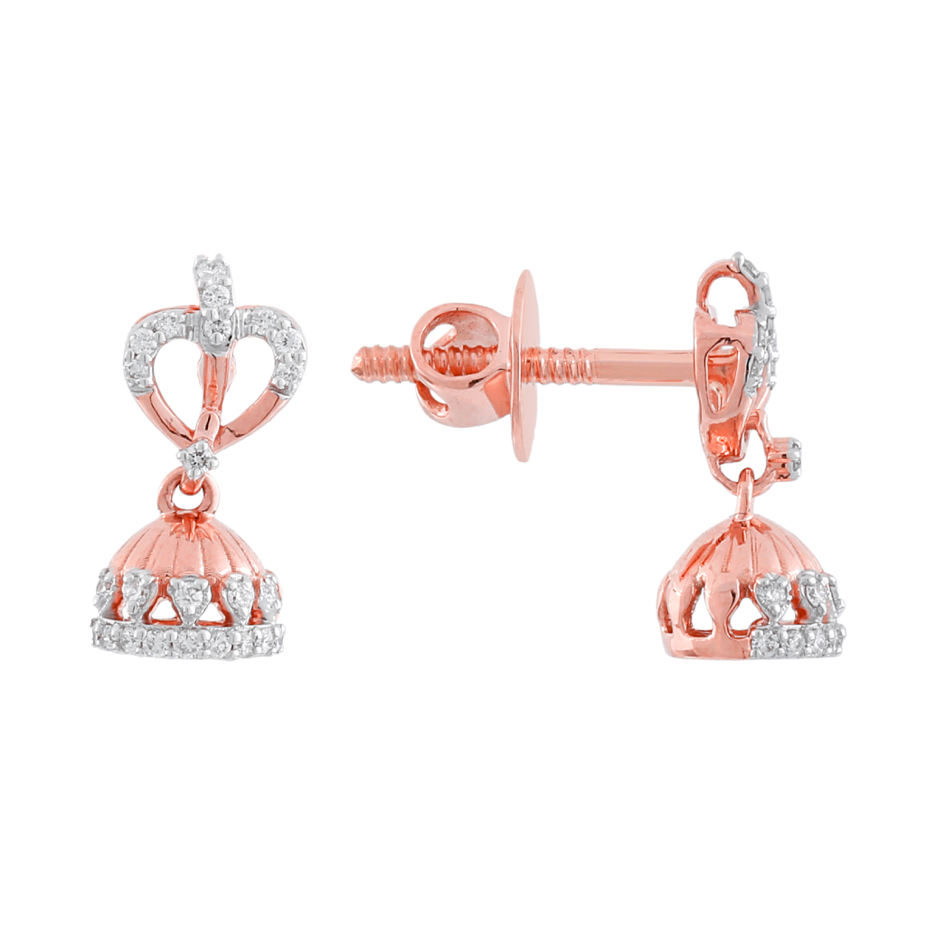 Rose Gold Heart Motif Diamond Jhumka Screw-Back Earrings