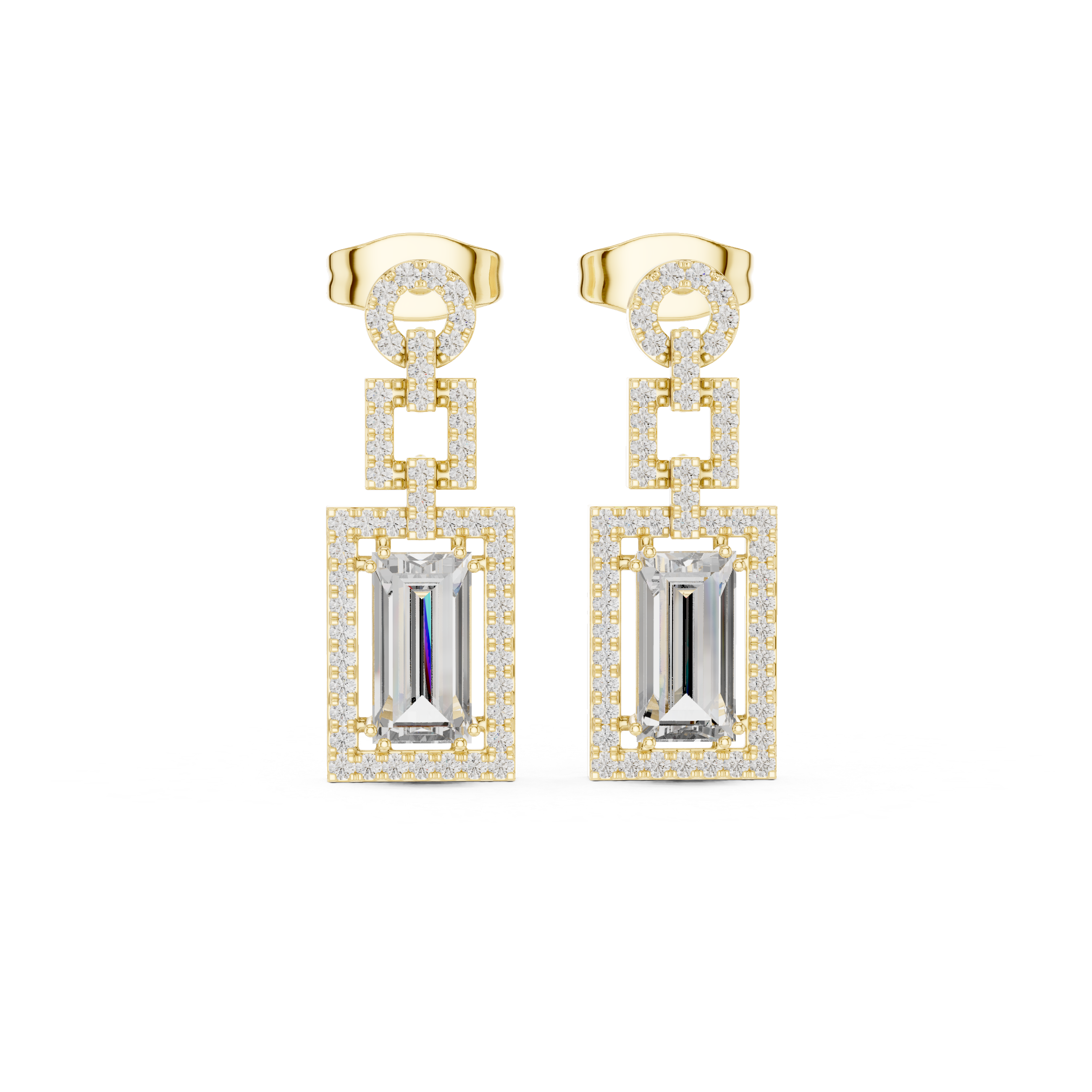 Geometric Emerald-Cut Diamond Halo Drop Earrings in Yellow Gold