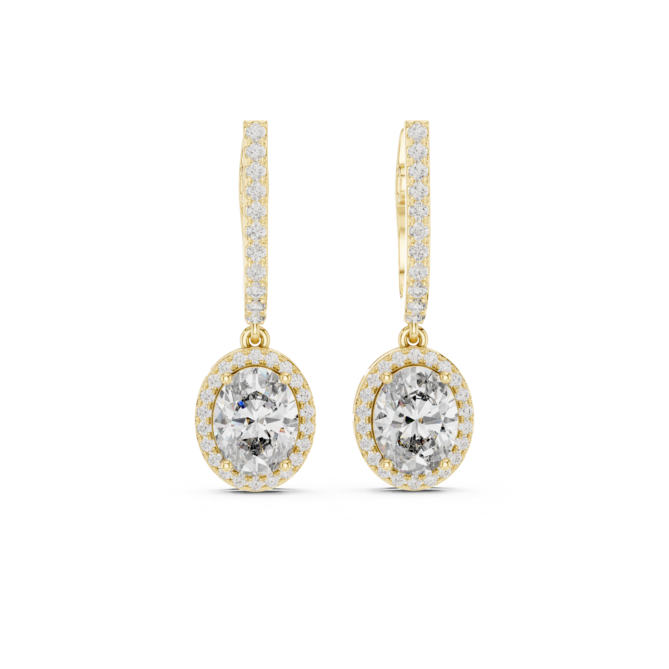 Oval Halo Diamond Drop Earrings in Yellow Gold