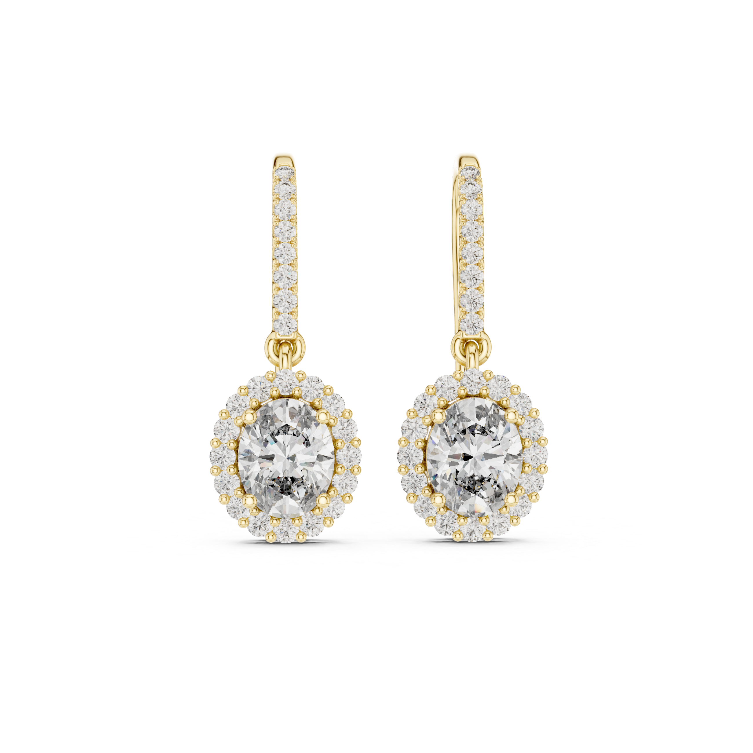 Round Halo Diamond Drop Earrings in Yellow Gold