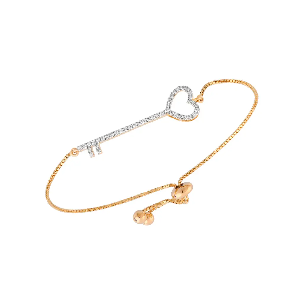 Yellow Gold Diamond Heart Key Adjustable Bracelet