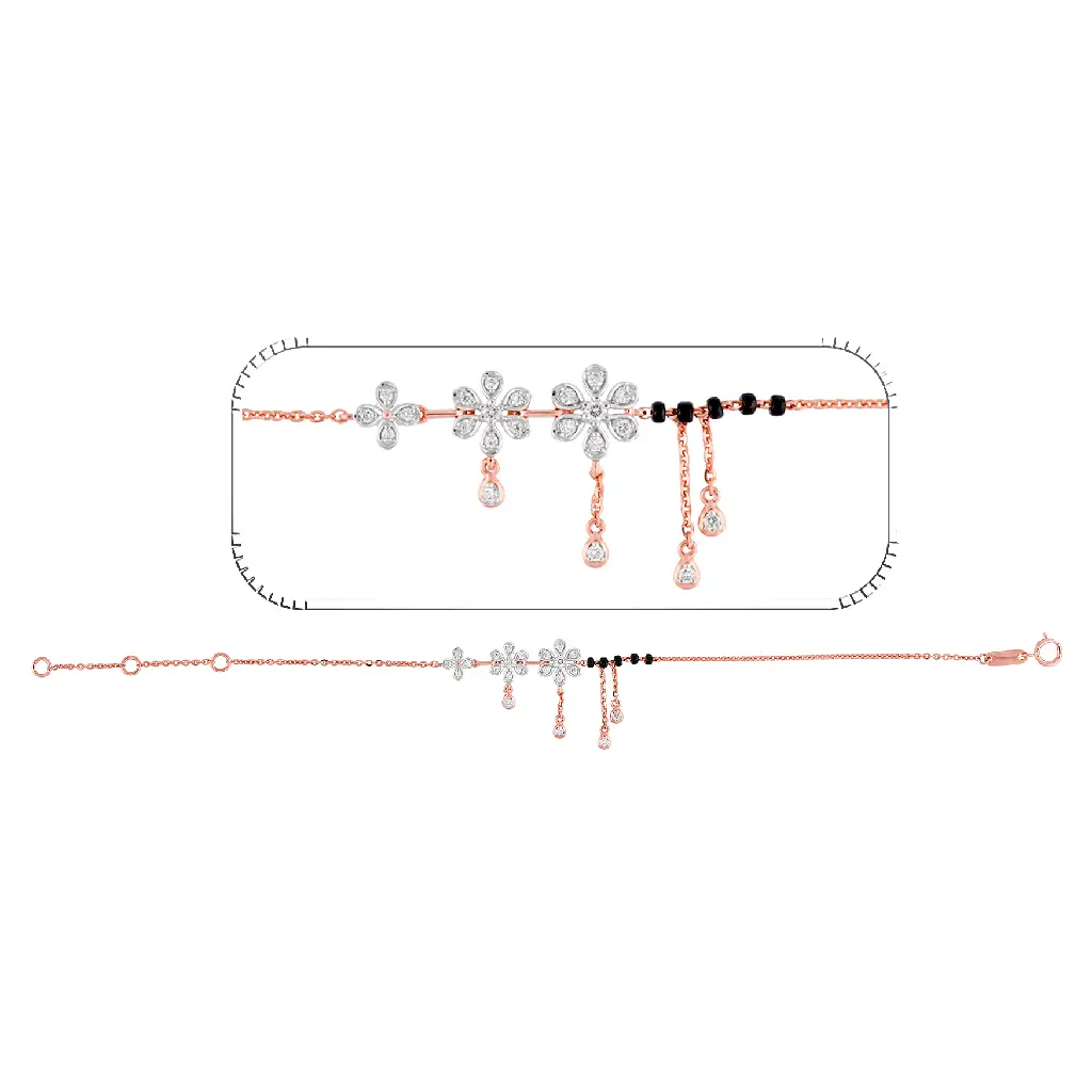 Rose Gold Floral Diamond Mangalsutra Bracelet with Drop Charms