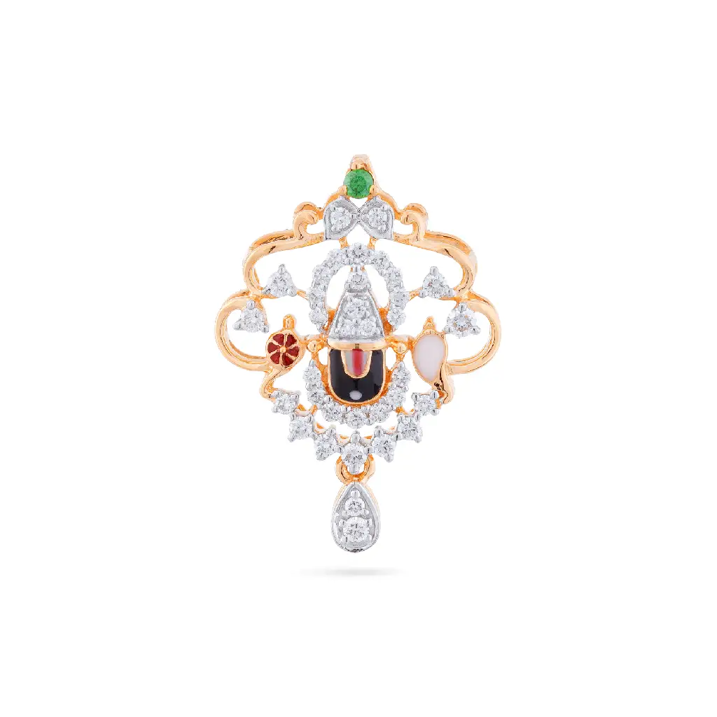 Ornate Balaji Gold Diamond Pendant with Gemstone Accents