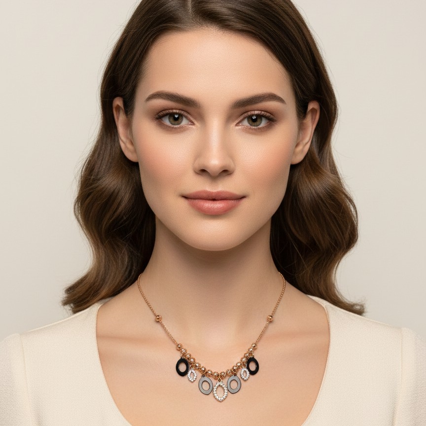 Rose Gold Multi-Charm Geometric Necklace with Black &amp;amp; Stone Accents