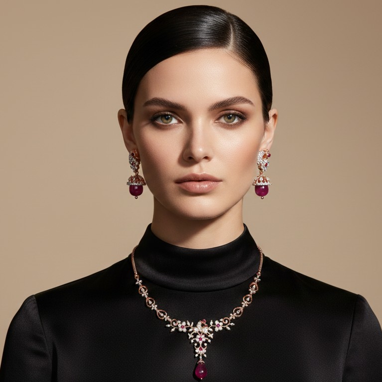 Rose Gold-Plated Ruby &amp;amp;amp; Diamond Teardrop Necklace and Earrings Set