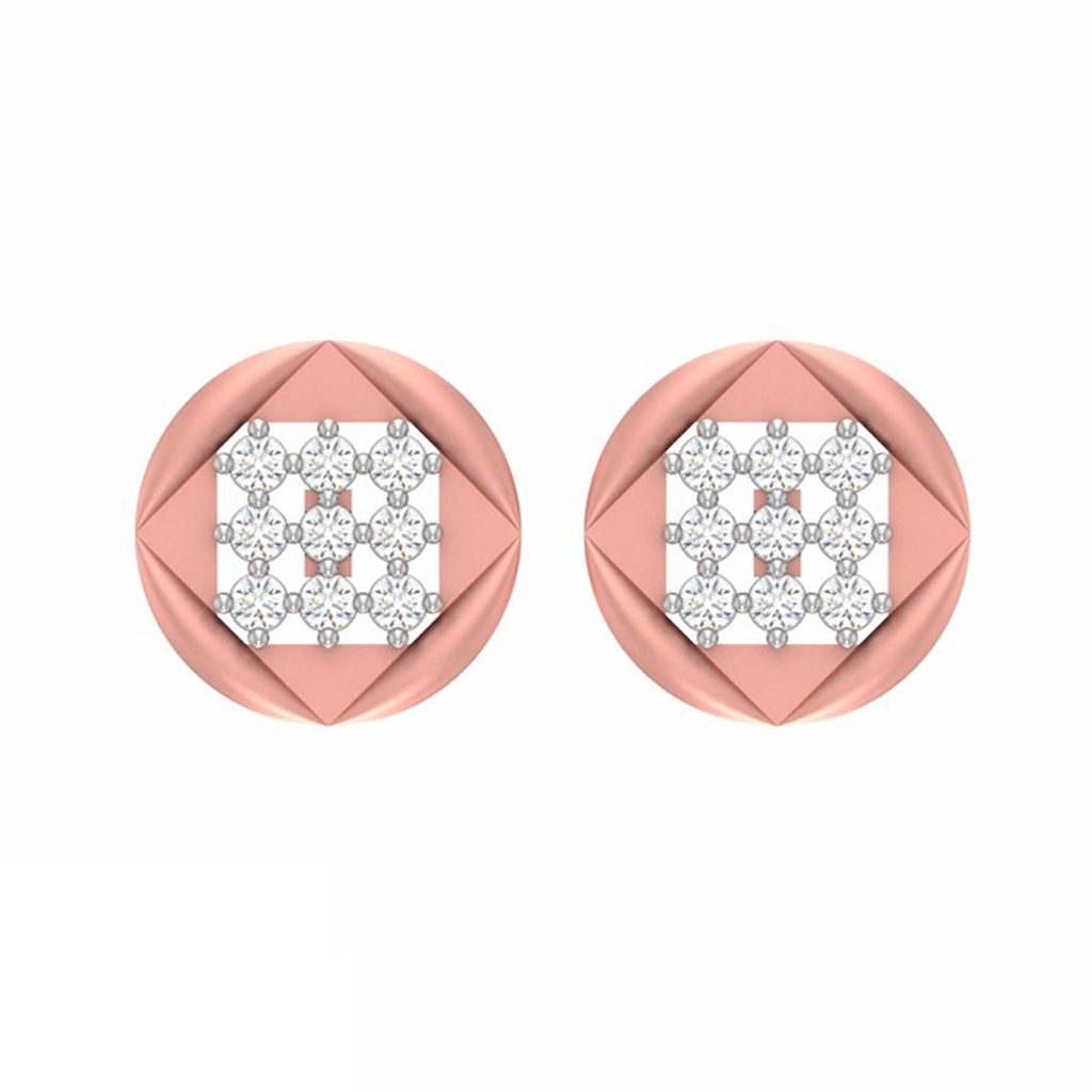 Round Frame Square Cluster Diamond Gold EarRing